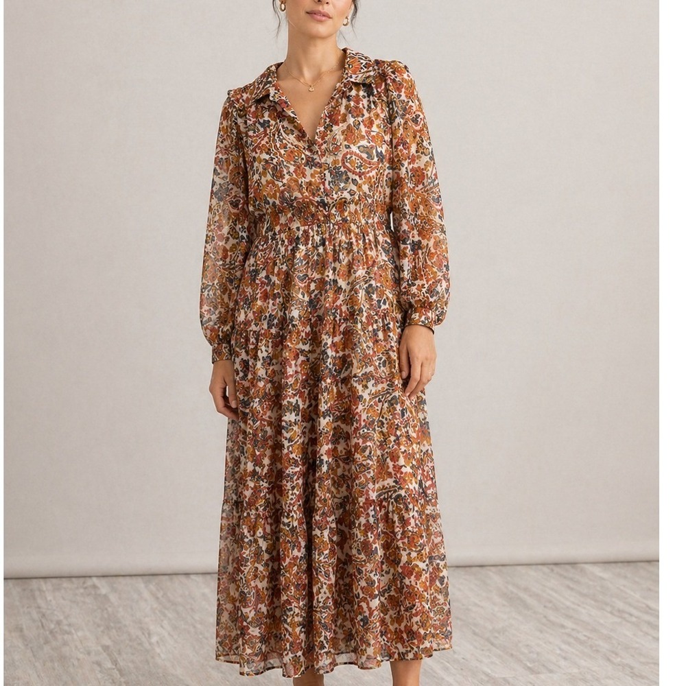 NEW Boho MSK Maxi Ruffle Dress Paisley Metallic Button Front Collar Size Medium